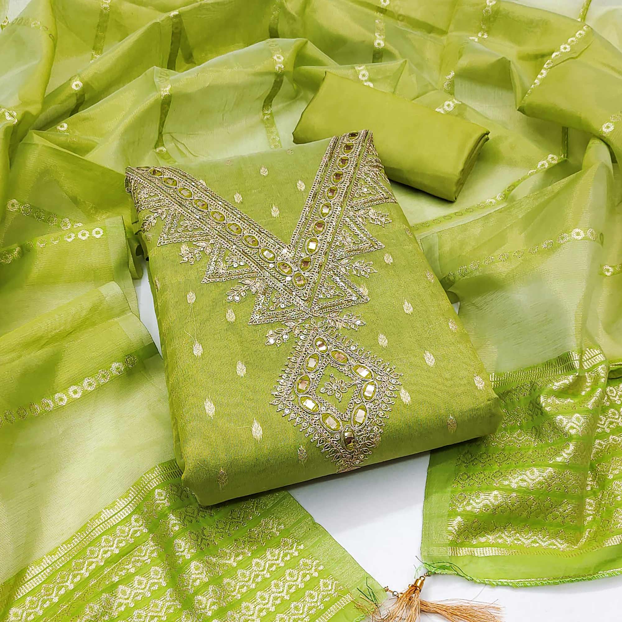 Green Jacquard Dress Material with Zari Weaving and Sequin Accents