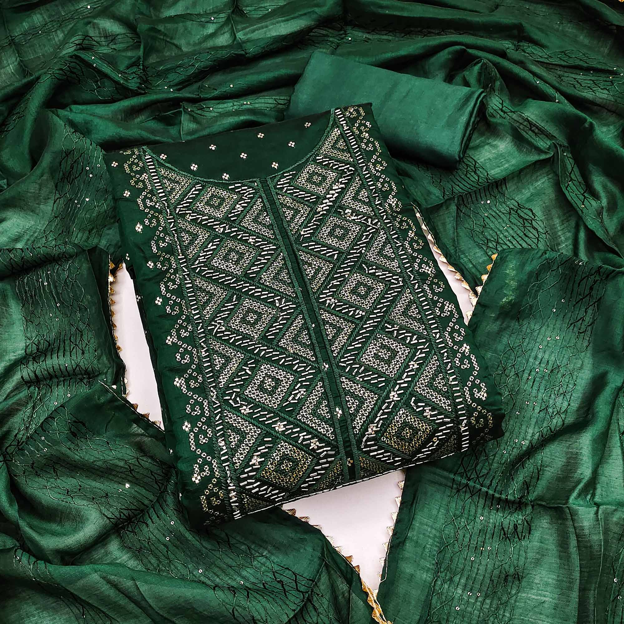 Bottle Green Shimmer Dress Material Featuring Zari Weaving & Beads Work