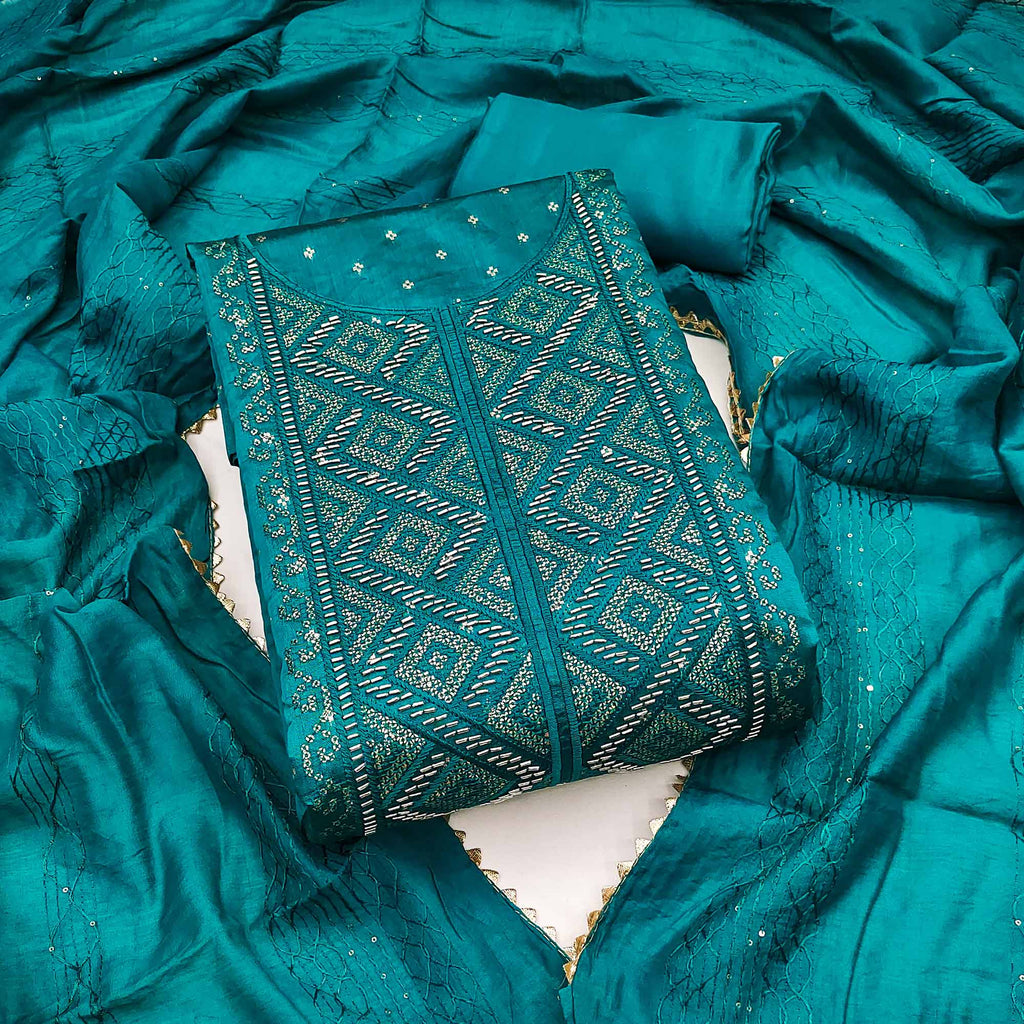 Dark Teal Shimmer Dress Material Featuring Zari Weaving & Beads Work