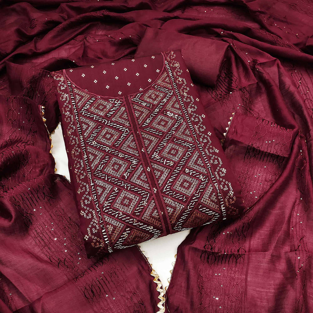 Maroon Shimmer Dress Material Featuring Zari Weaving & Beads Work