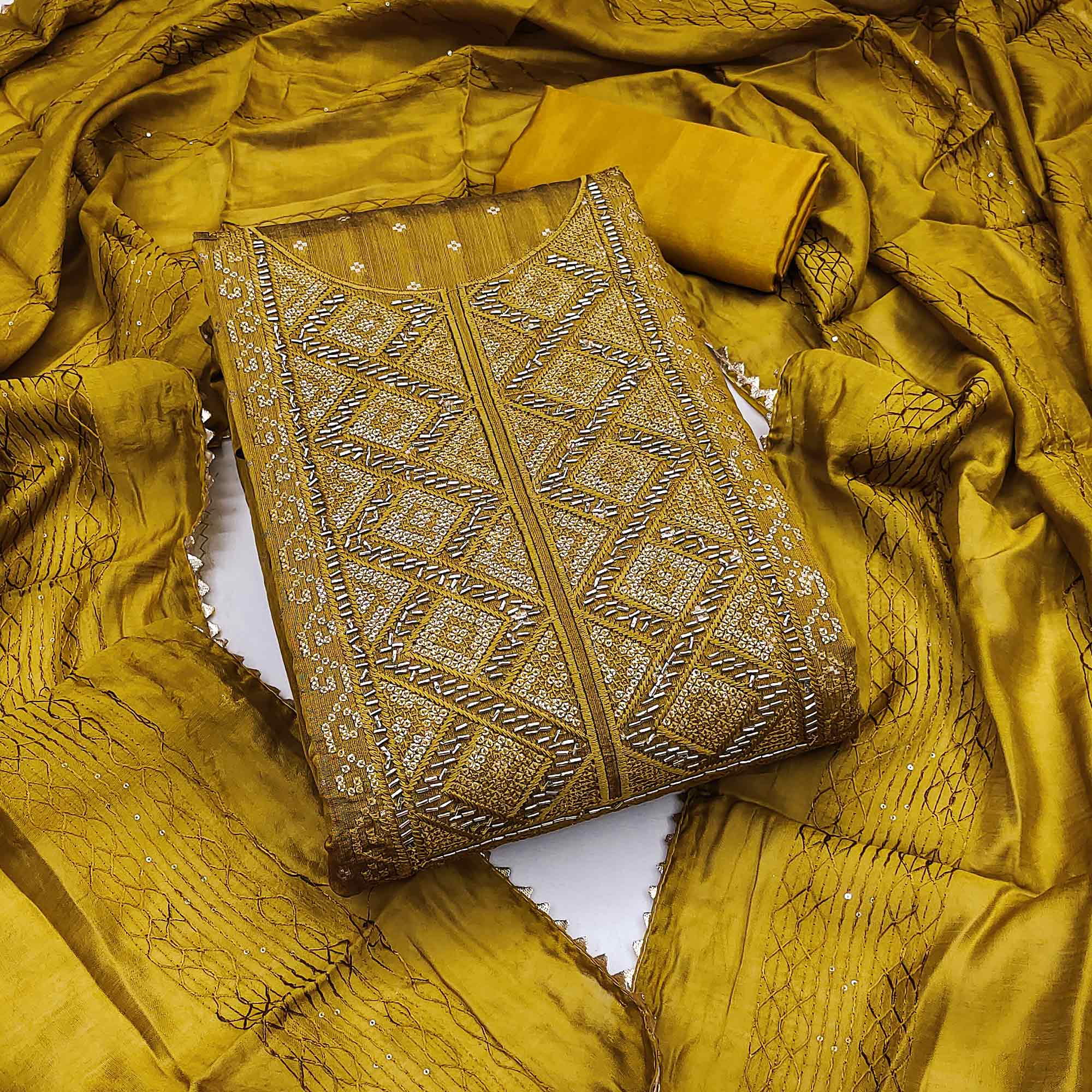 Mustard Shimmer Dress Material Featuring Zari Weaving & Beads Work