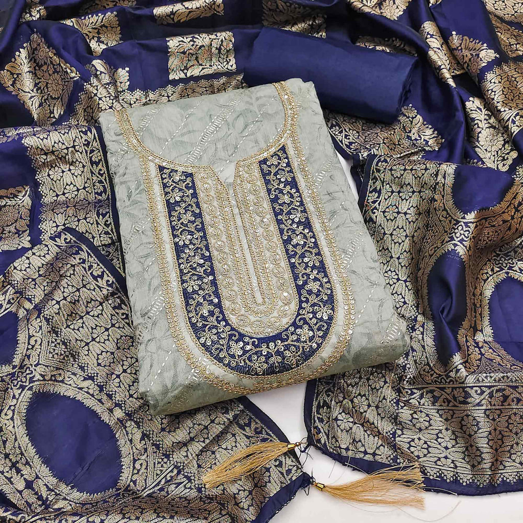 Grey Floral Printed Chanderi Silk Dress Material Embellished With Sequins & Cording