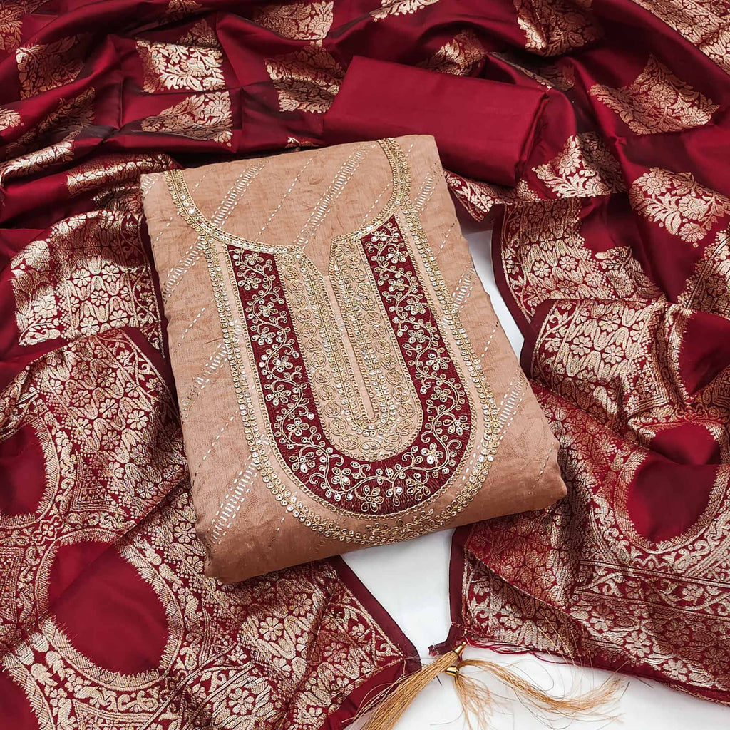 Peach Floral Printed Chanderi Silk Dress Material Embellished With Sequins & Cording