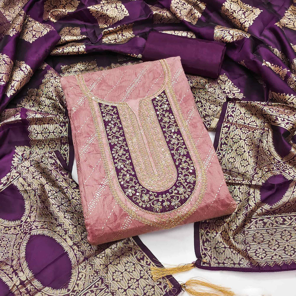 Pink Floral Printed Chanderi Silk Dress Material Embellished With Sequins & Cording