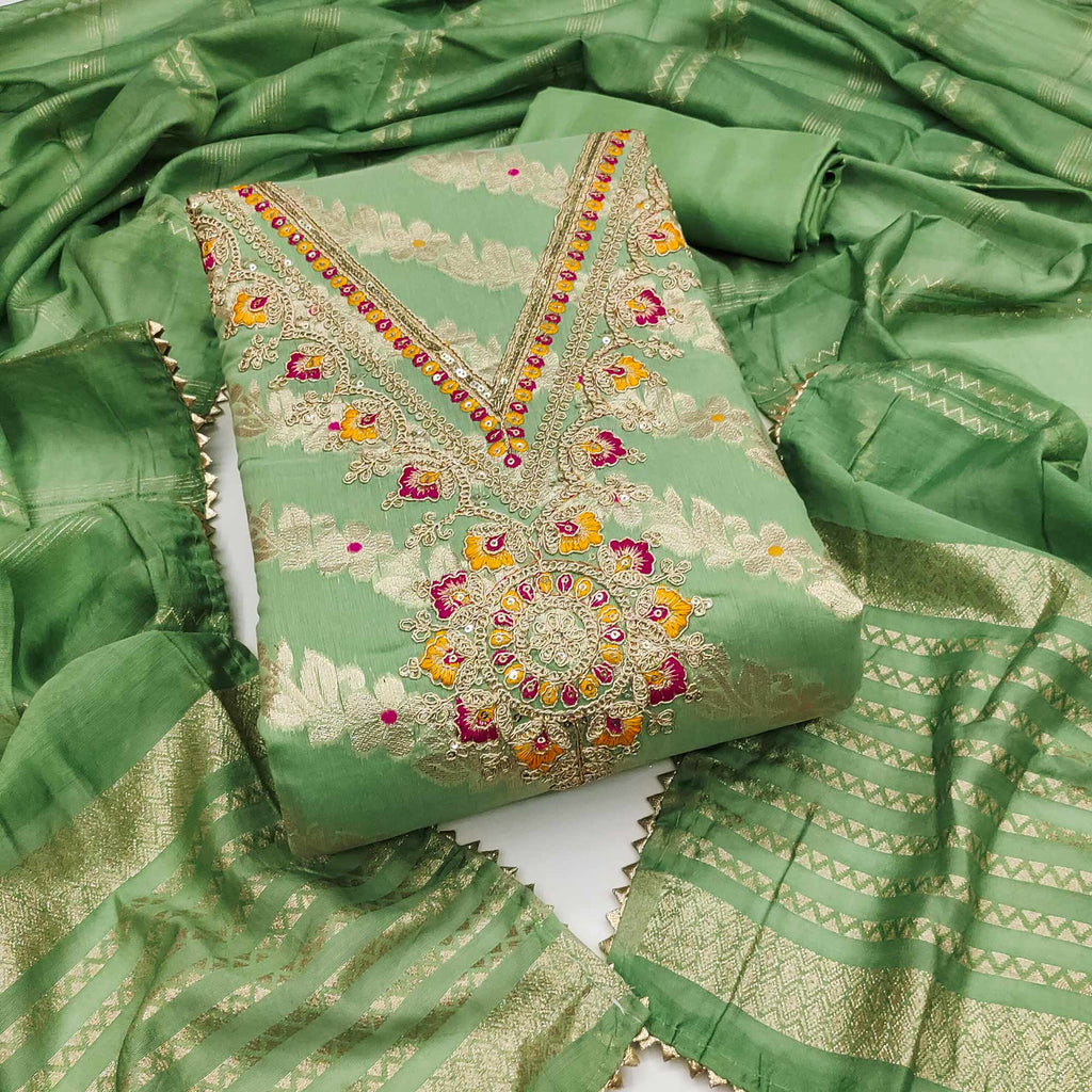 Green Jacquard Dress Material with Shimmering Zari Weave in Traditional Banarasi Style
