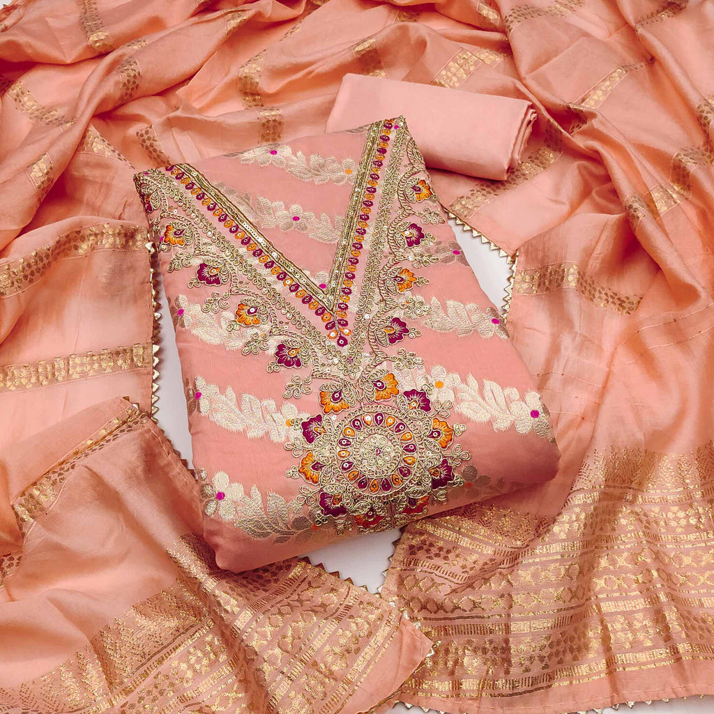 Peach Jacquard Dress Material with Shimmering Zari Weave in Traditional Banarasi Style