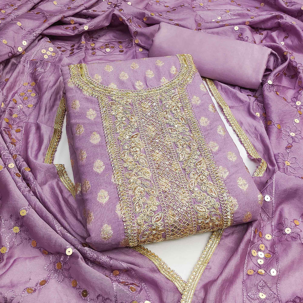 Lavender Chanderi Cotton Fabric with Elegant Butti Zari Weaving for a Festive Yet Soft Look