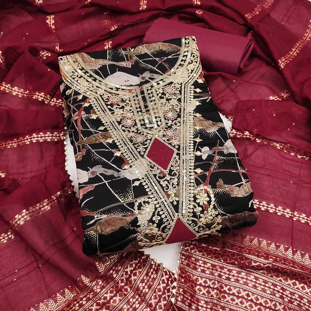 Black Printed Dress Material With Sequins & Cording Work In Chanderi Roman Silk