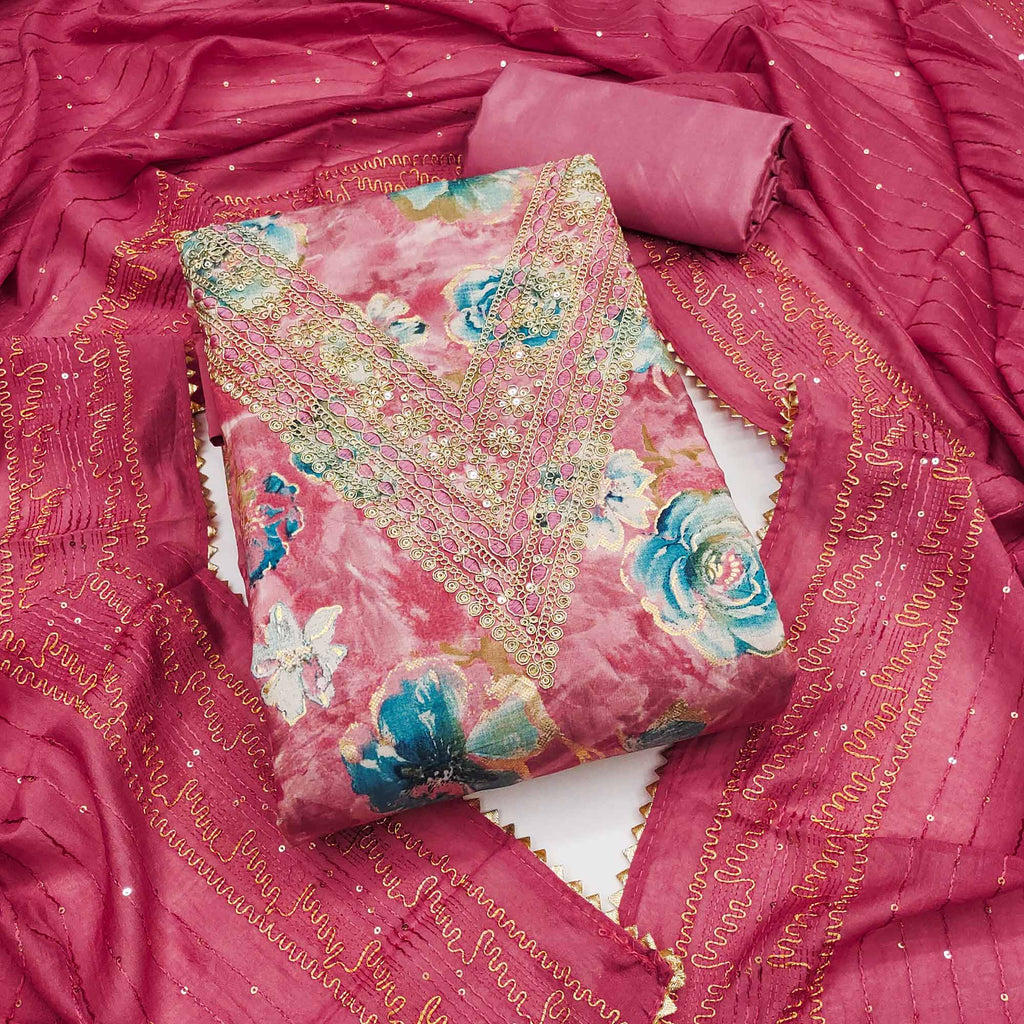 Pink Printed Dress Material With Sequins & Cording Work In Chanderi Roman Silk