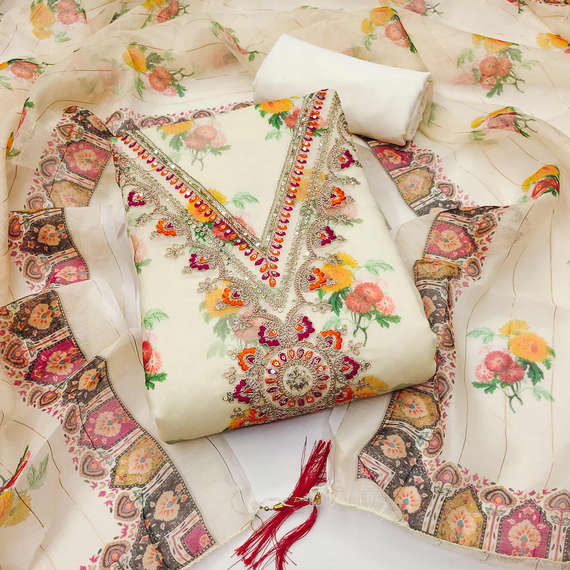 Cream Floral Digital Print Dress Material With Sequins & Cording Embroidery On Chanderi Silk