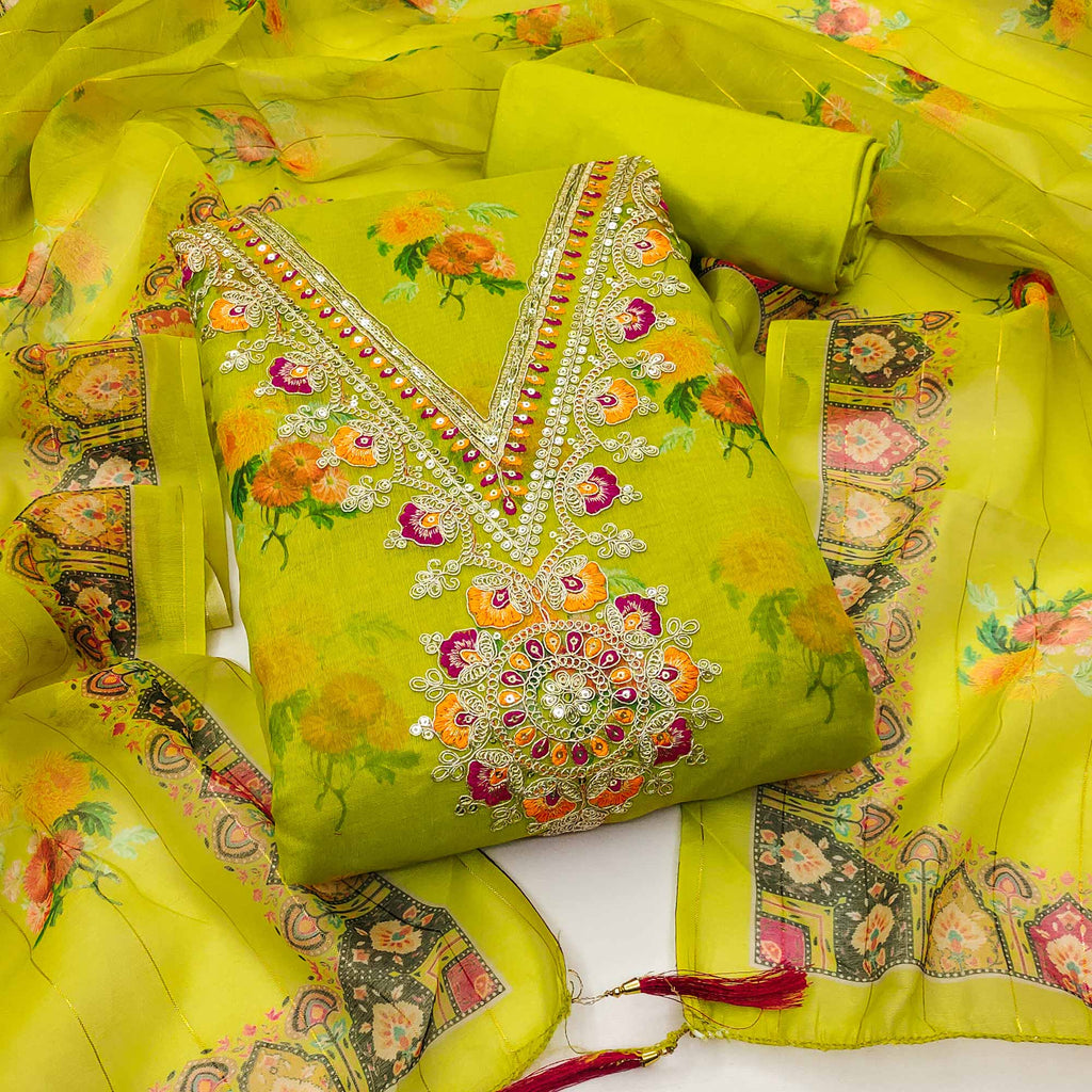 Green Floral Digital Print Dress Material With Sequins & Cording Embroidery On Chanderi Silk