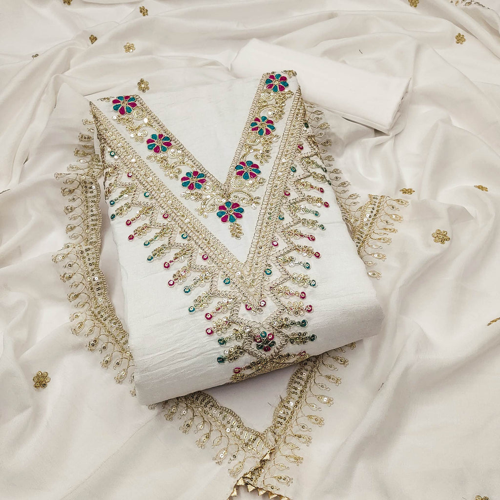 Cream Floral Printed Vichitra Silk Dress Material With Sequins & Cording Work