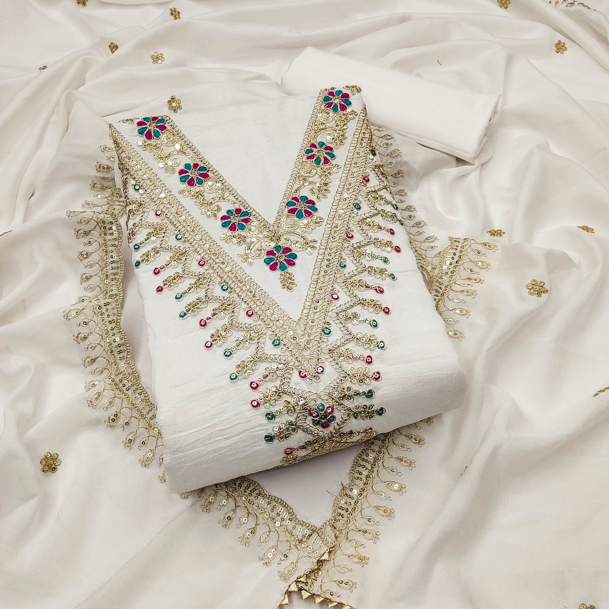 Cream Floral Printed Vichitra Silk Dress Material With Sequins & Cording Work