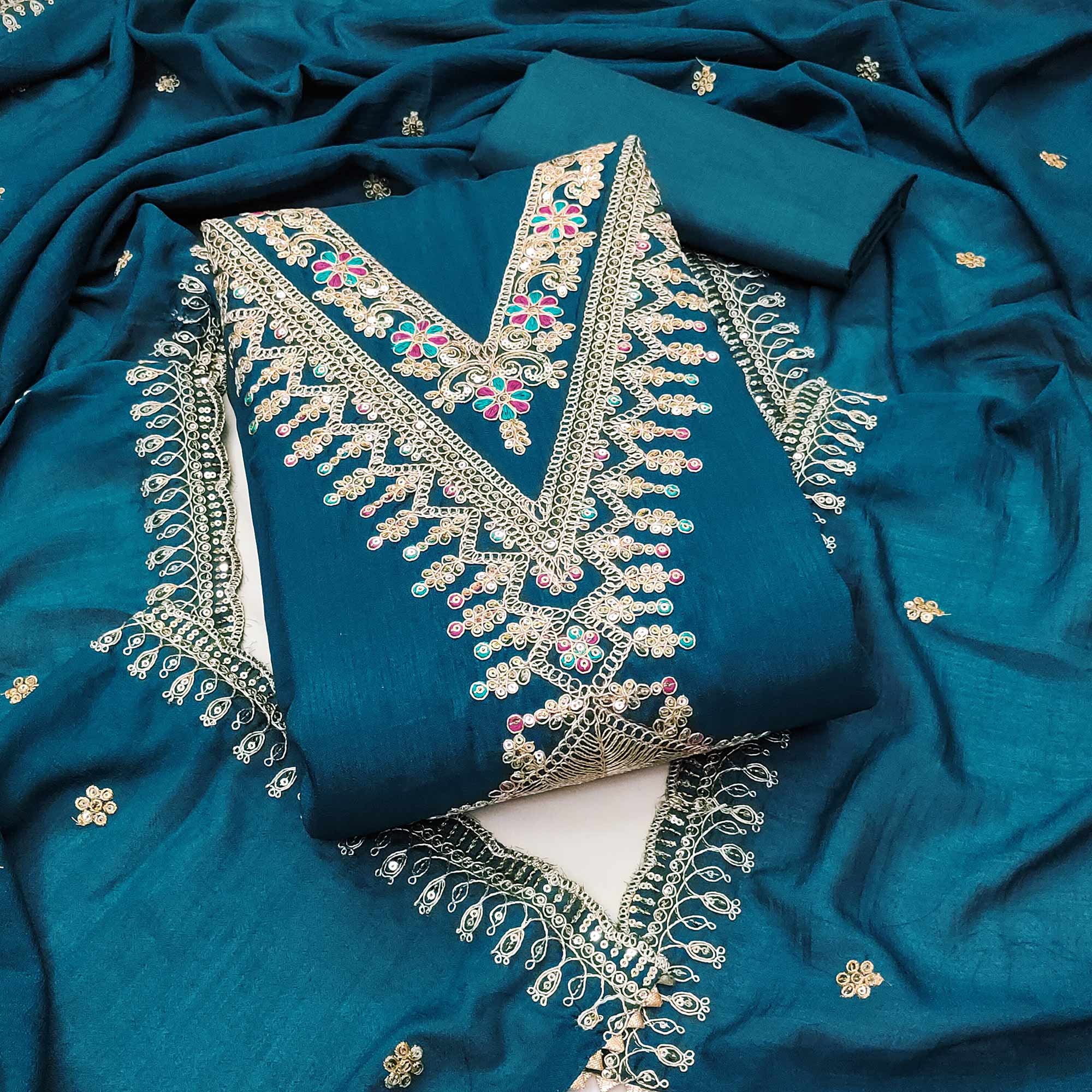 Morpich Blue Floral Printed Vichitra Silk Dress Material With Sequins & Cording Work