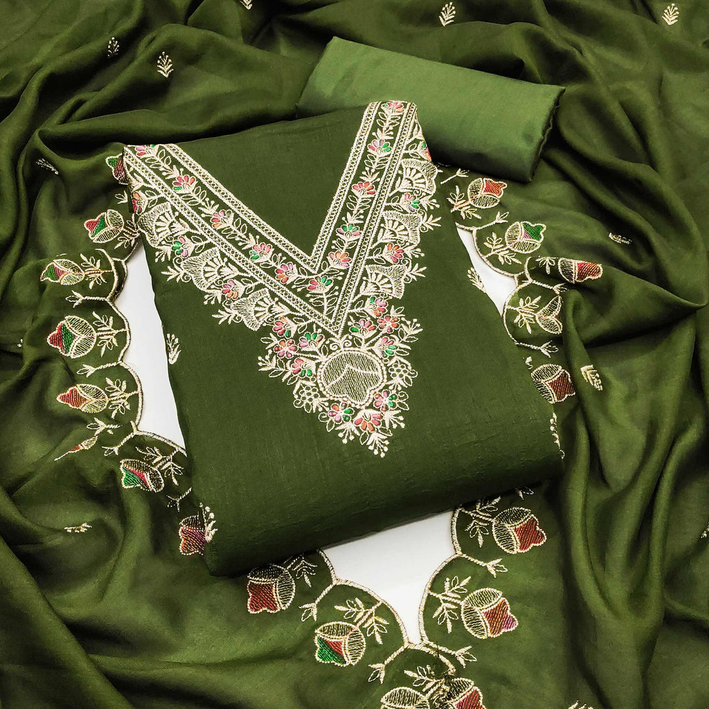 Mehendi Green Floral Vichitra Silk Dress Material With Elegant Zari Embroidery
