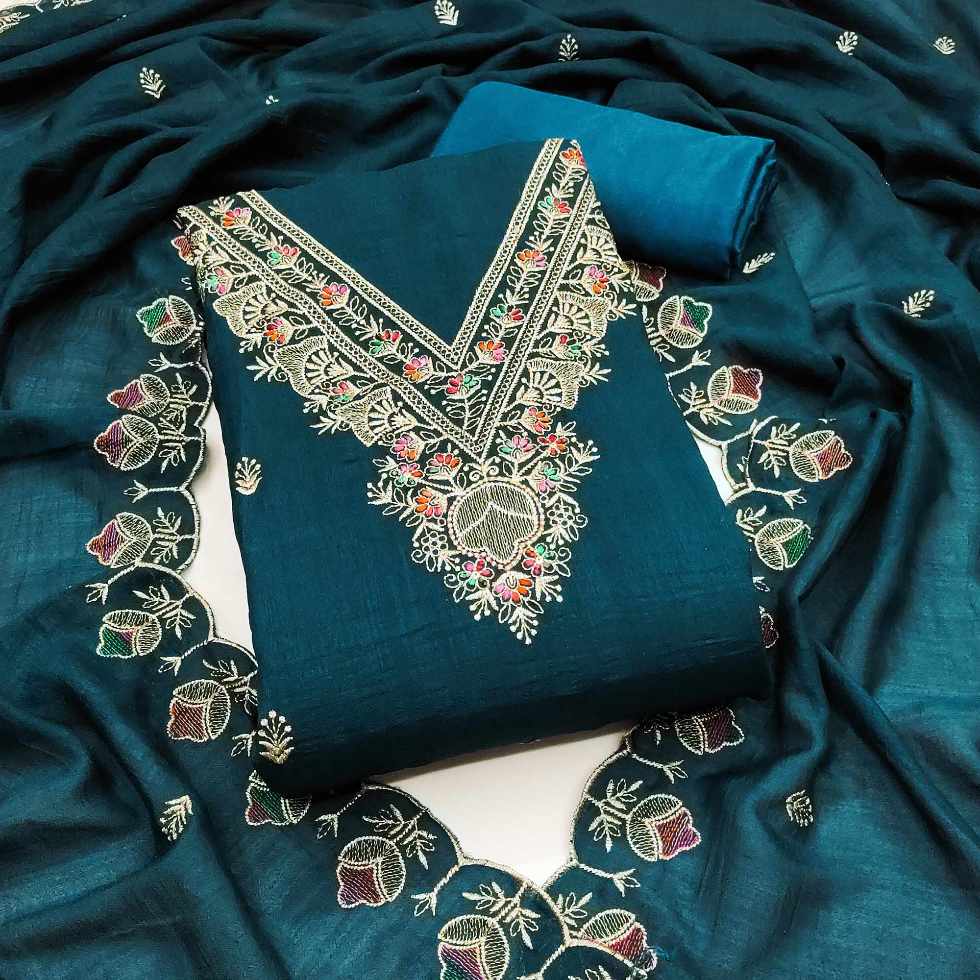 Morpich Blue Floral Vichitra Silk Dress Material With Elegant Zari Embroidery