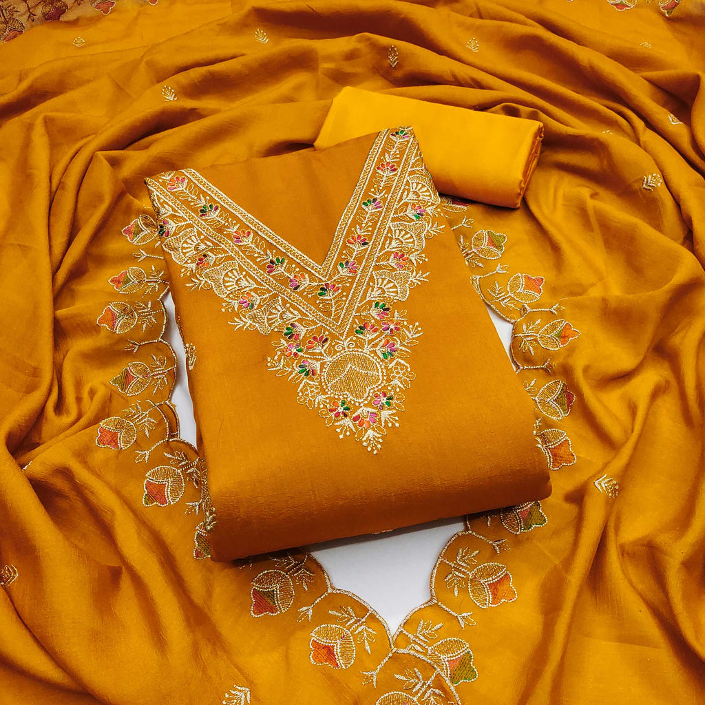Mustard Floral Vichitra Silk Dress Material With Elegant Zari Embroidery
