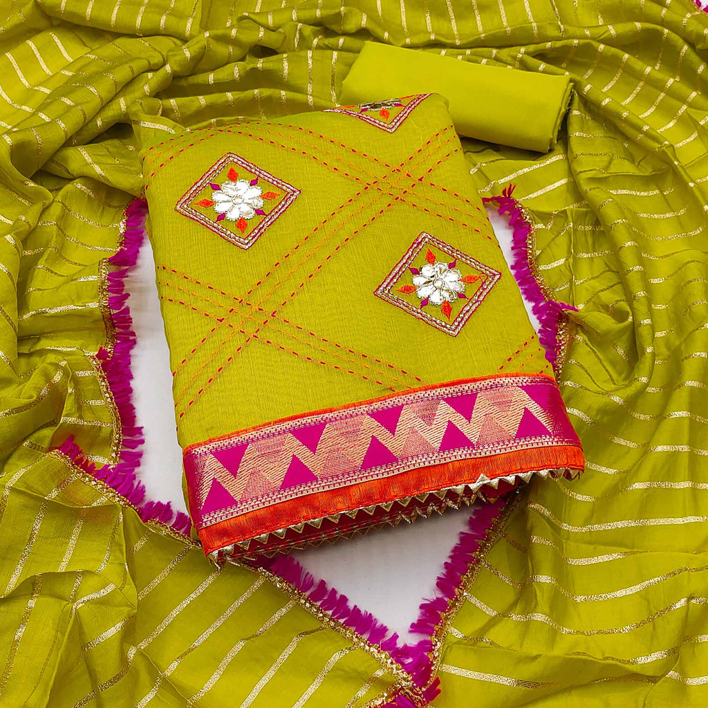 Green Chanderi Dress Material Featuring Gota Patti Work & Delicate Floral Embroidery