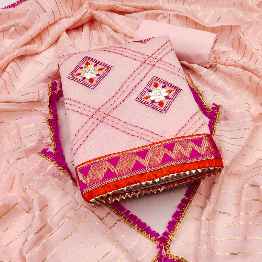 Peach Chanderi Dress Material Featuring Gota Patti Work & Delicate Floral Embroidery