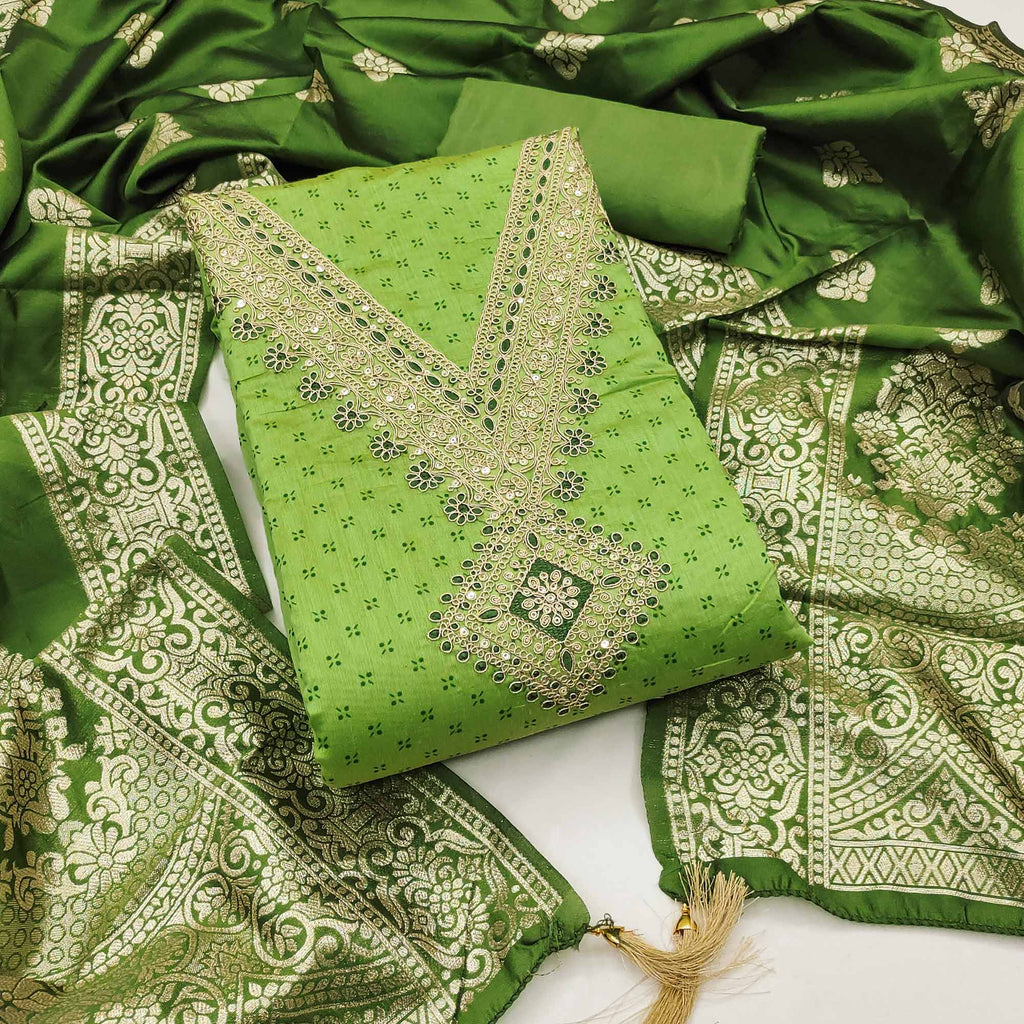 Green Printed Chanderi Silk Dress Material With Cording Sequins Embroidery On Neck