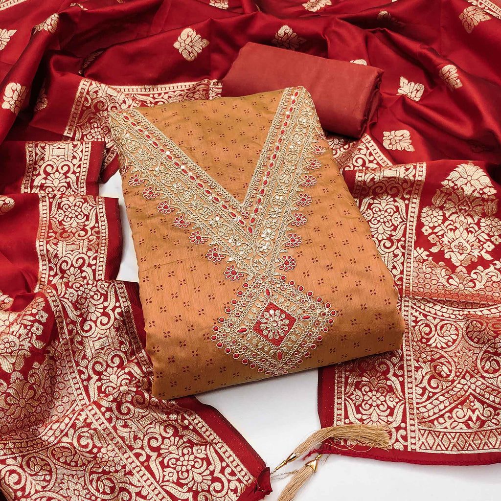 Orange Printed Chanderi Silk Dress Material With Cording Sequins Embroidery On Neck