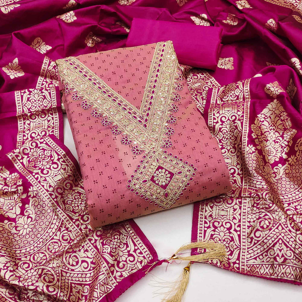 Pink Printed Chanderi Silk Dress Material With Cording Sequins Embroidery On Neck