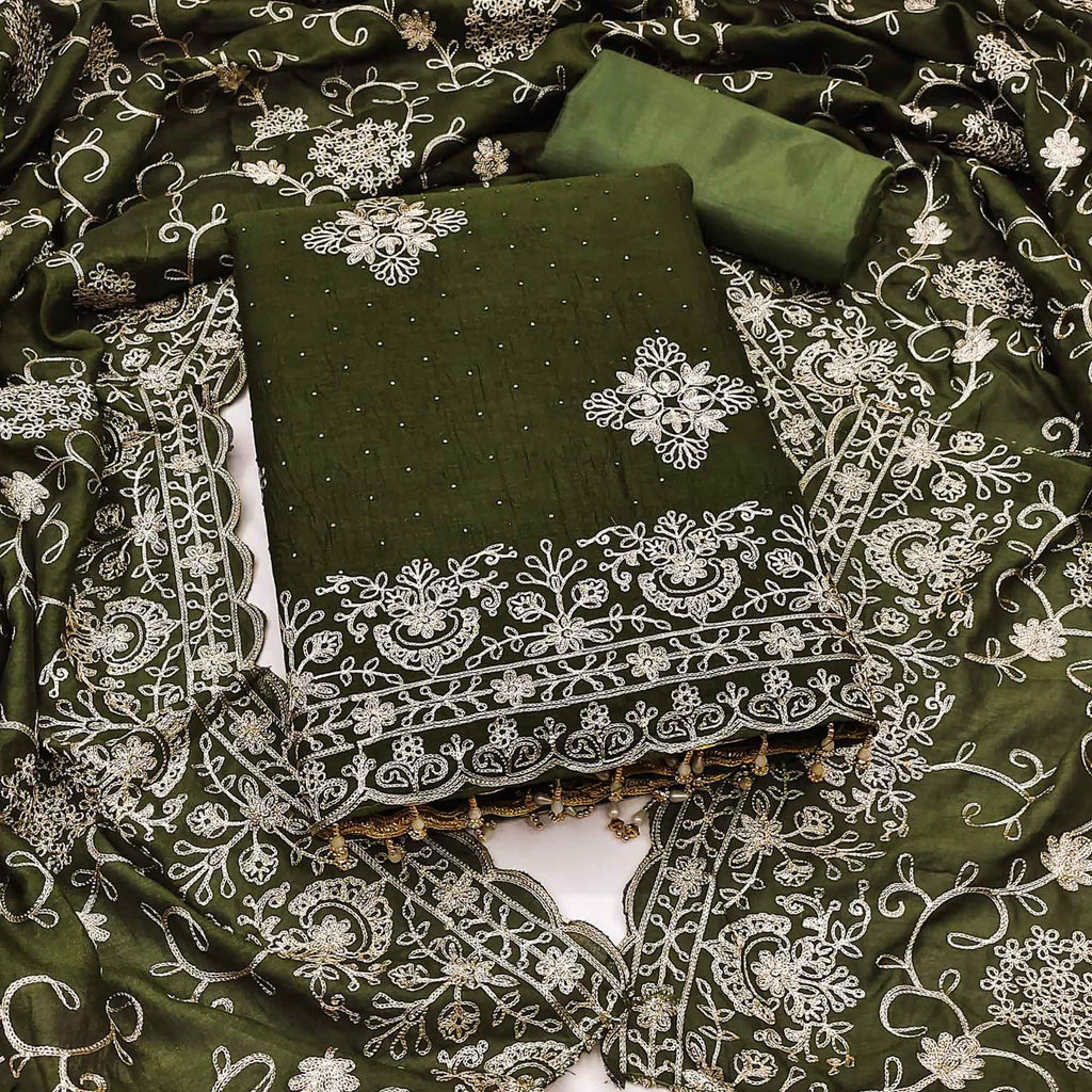 Mehendi Green Floral Zari Embroidery With Swarovski Work Vichitra Silk Dress Material