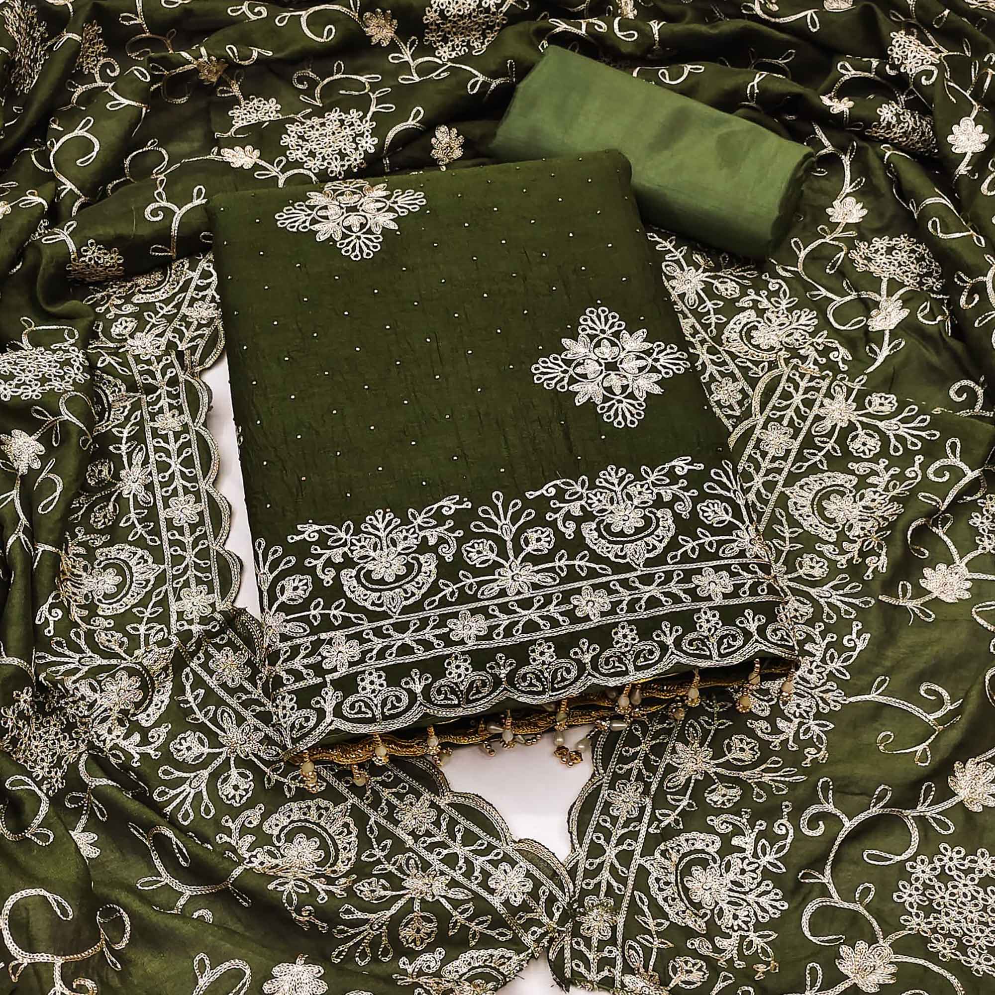 Mehendi Green Floral Zari Embroidery With Swarovski Work Vichitra Silk Dress Material