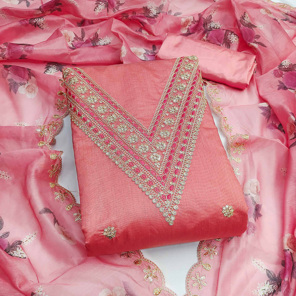 Peach Floral Cording Embroidery With Sequins Work Chanderi Silk Dress Material
