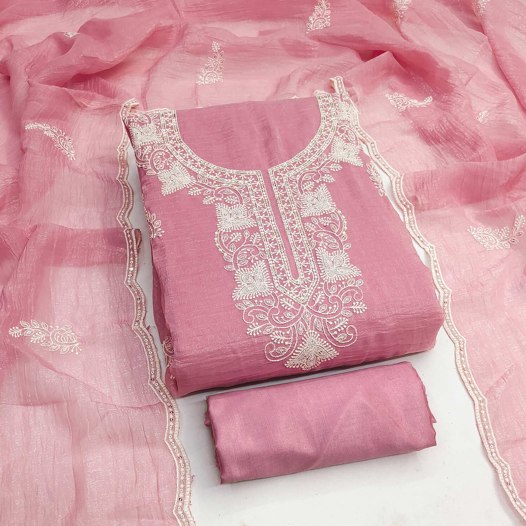 Pink Georgette Crunchy Silk Dress Material with Elegant Floral Thread Embroidery & Sequins Work