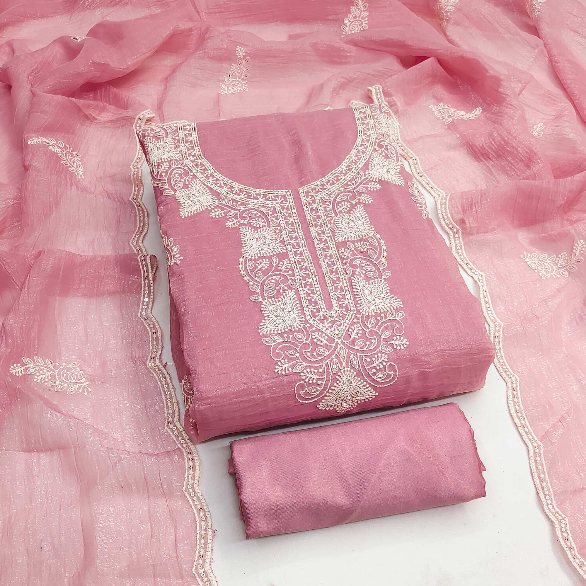 Pink Georgette Crunchy Silk Dress Material with Elegant Floral Thread Embroidery & Sequins Work