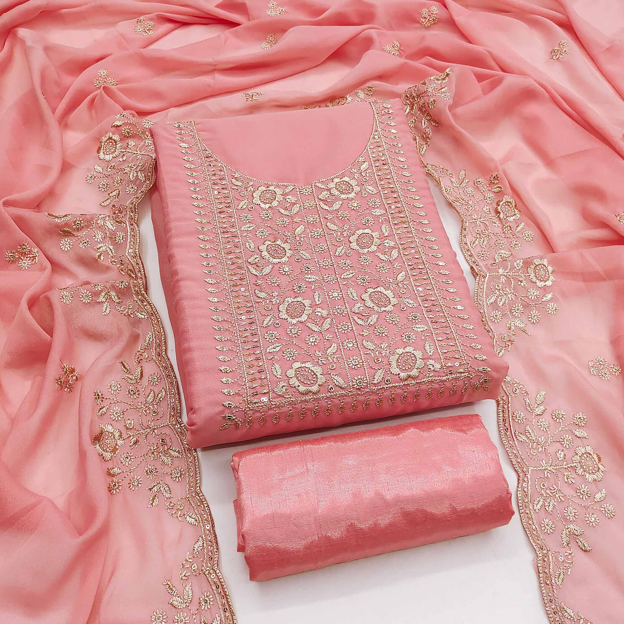 Peach Georgette Dress Material With Intricate Floral Zari Embroidery & Sequins Work