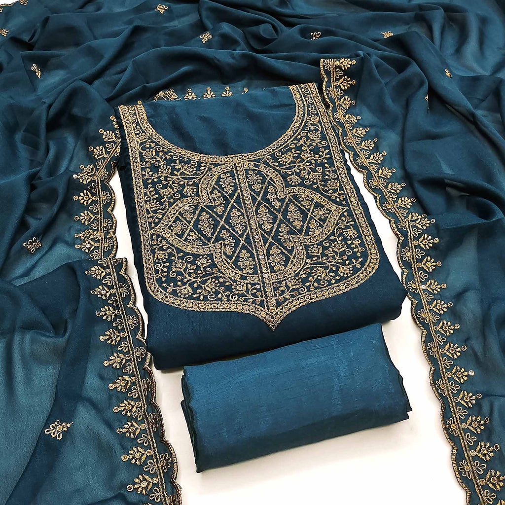 Morpich Blue Georgette Dress Material With Sparkling Sequins & Zari Floral Embroidery