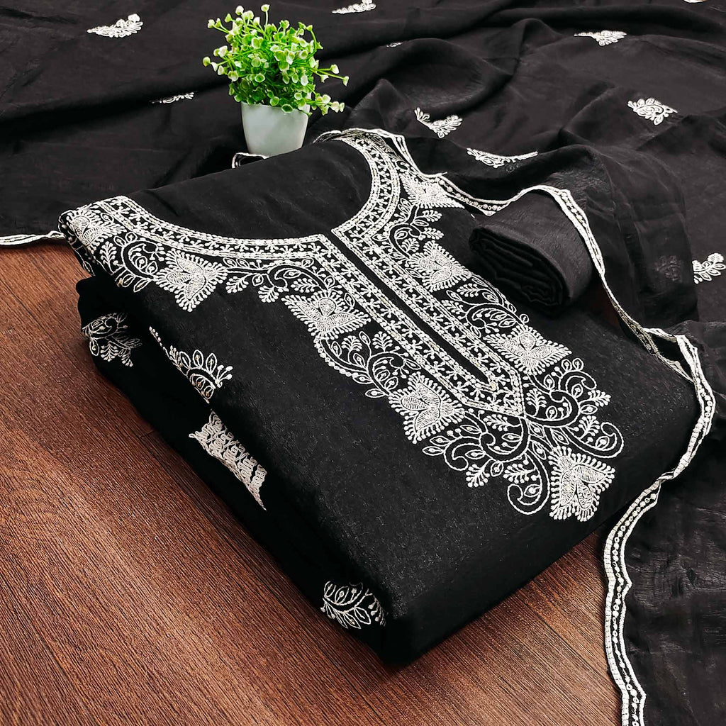 Black Dress Material With Threaded Floral Embroidery & Sequins on Crunchy Silk Georgette