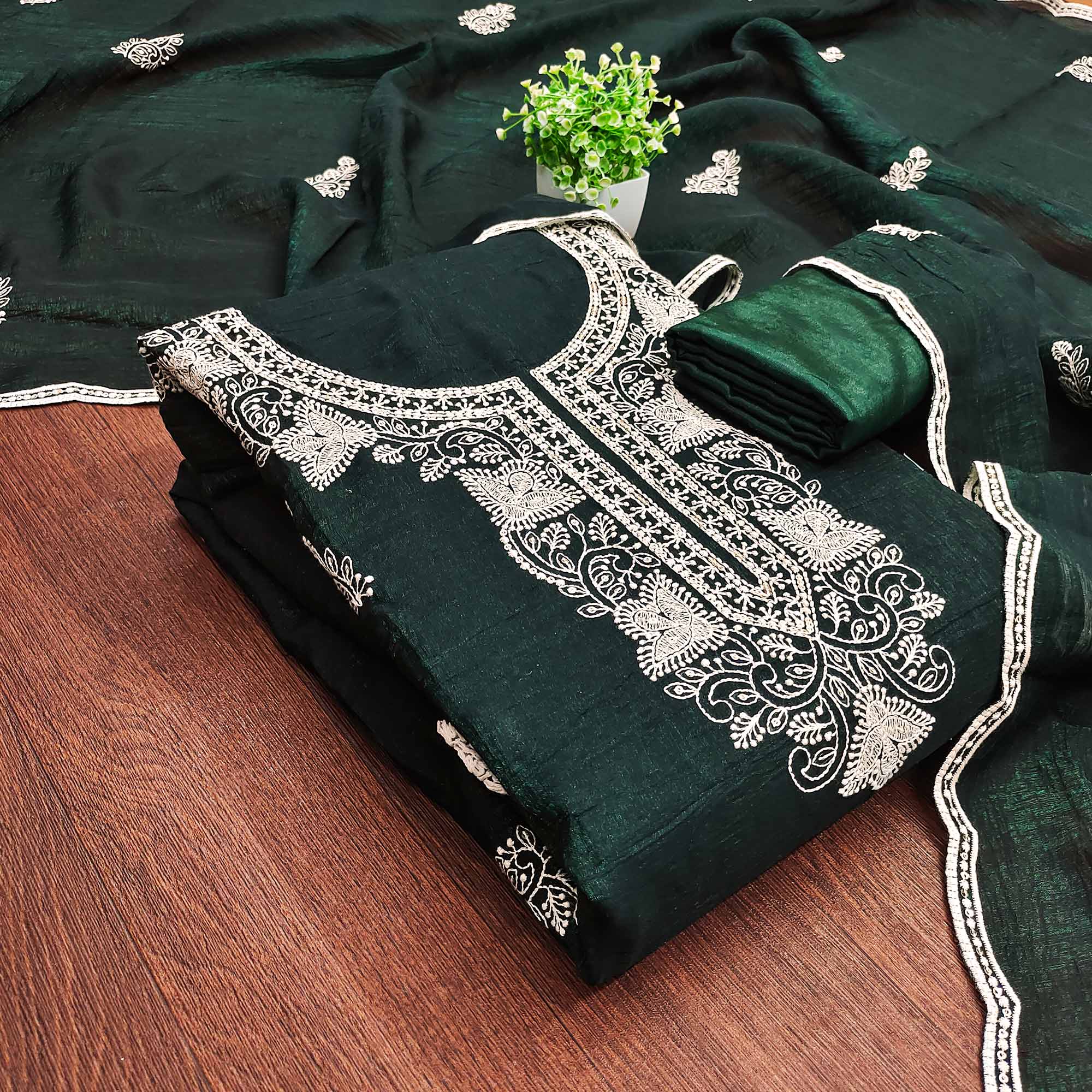 Bottle Green Dress Material With Threaded Floral Embroidery & Sequins on Crunchy Silk Georgette