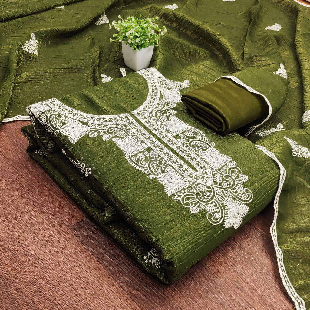 Mehendi Green Dress Material With Threaded Floral Embroidery & Sequins on Crunchy Silk Georgette