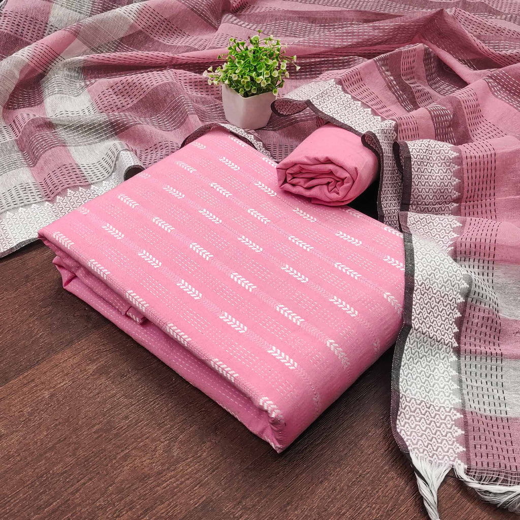 Elegant Pink Woven Texture Dress Material In Poly Cotton Blend