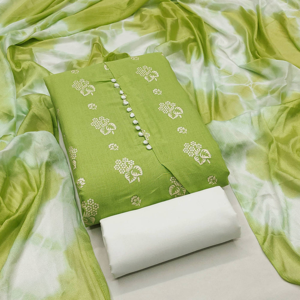 Exquisite Green Floral Printed Cotton Blend Dress Material