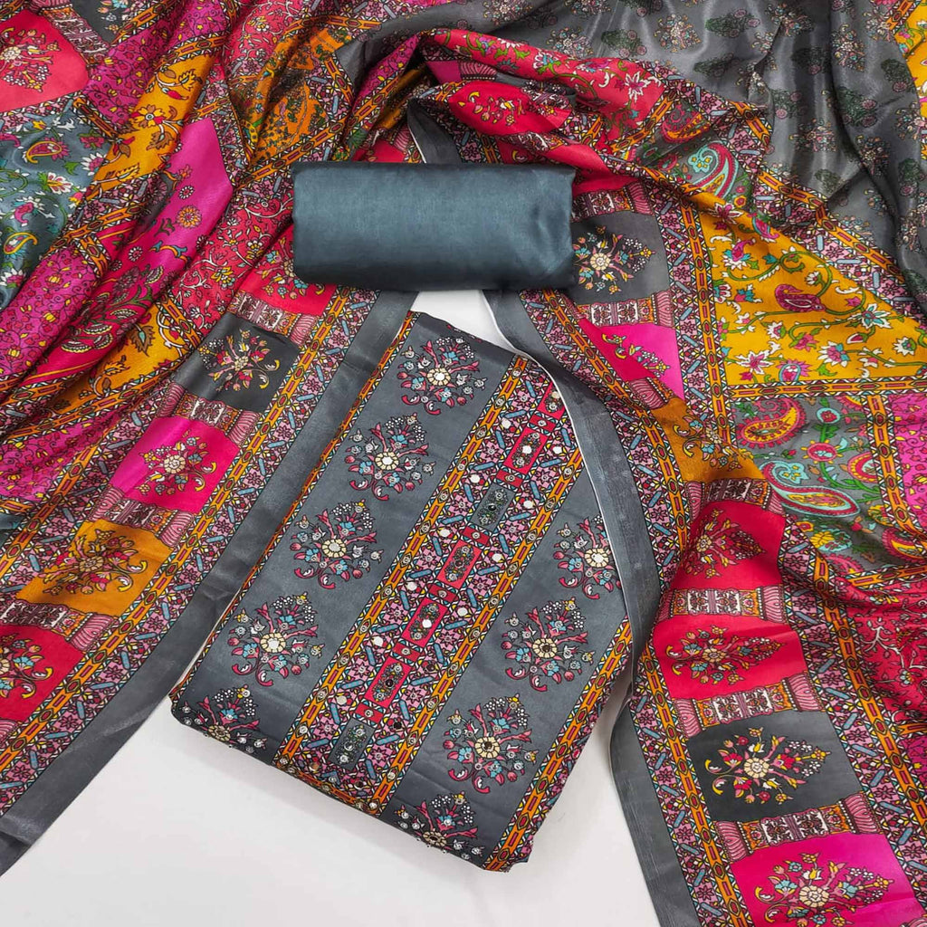 Grey Pakistani Dress Material Featuring Soft Chinon Fabric and Timeless Floral Prints
