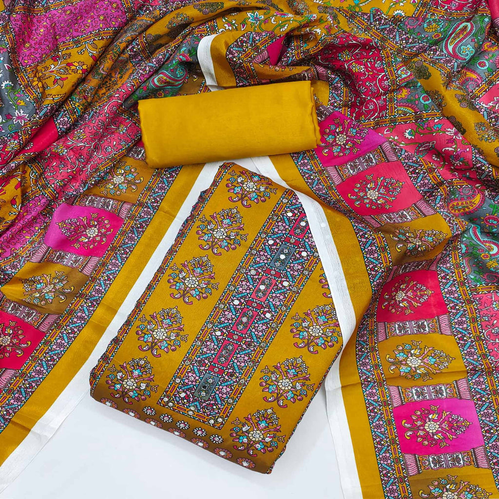 Mustard Pakistani Dress Material Featuring Soft Chinon Fabric and Timeless Floral Prints