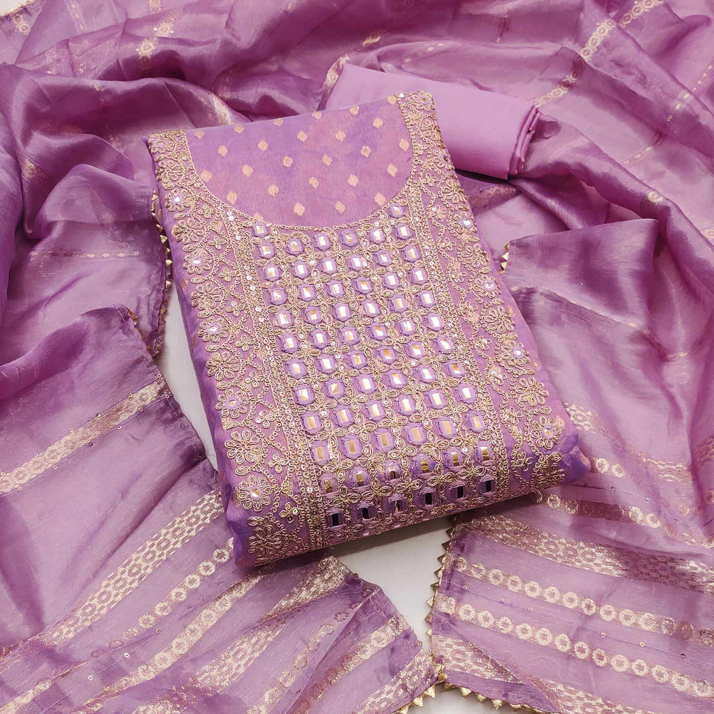 Lavender Weaving Dress Material In Shimmer Silk With Detailed Cording & Sequin Embroidery Work