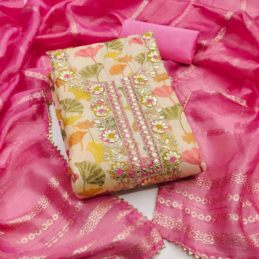 Cream & Pink Floral Printed Shimmer Silk Dress Material Enhanced With Sequins Cording Embroidery