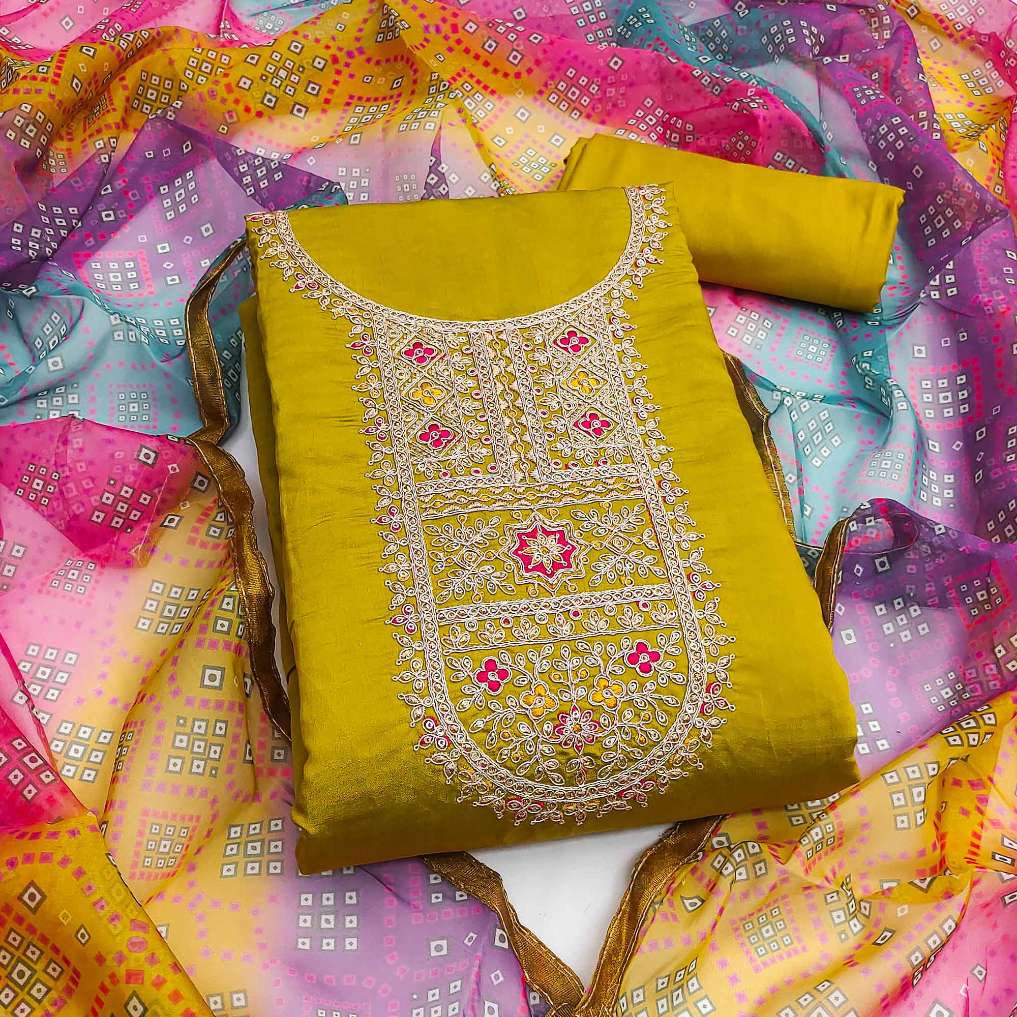 Dark Mustard Roman Chanderi Silk Dress Material With Elegant Sequins & Cording Embroidery Work