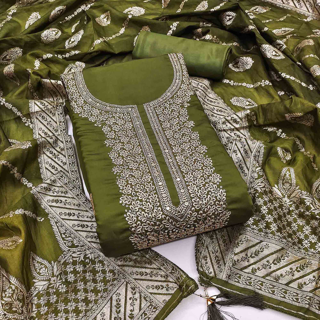 Green Roman Chanderi Silk Dress Material With Elegant Floral & Cording Embroidery Work