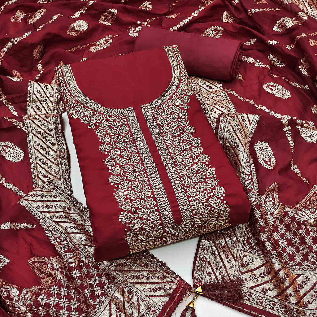 Maroon Roman Chanderi Silk Dress Material With Elegant Floral & Cording Embroidery Work