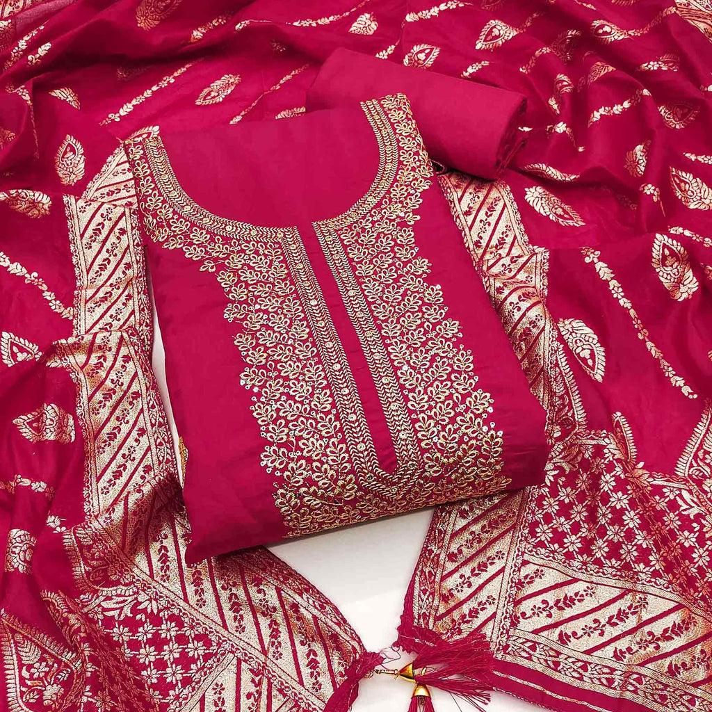 Pink Roman Chanderi Silk Dress Material With Elegant Floral & Cording Embroidery Work