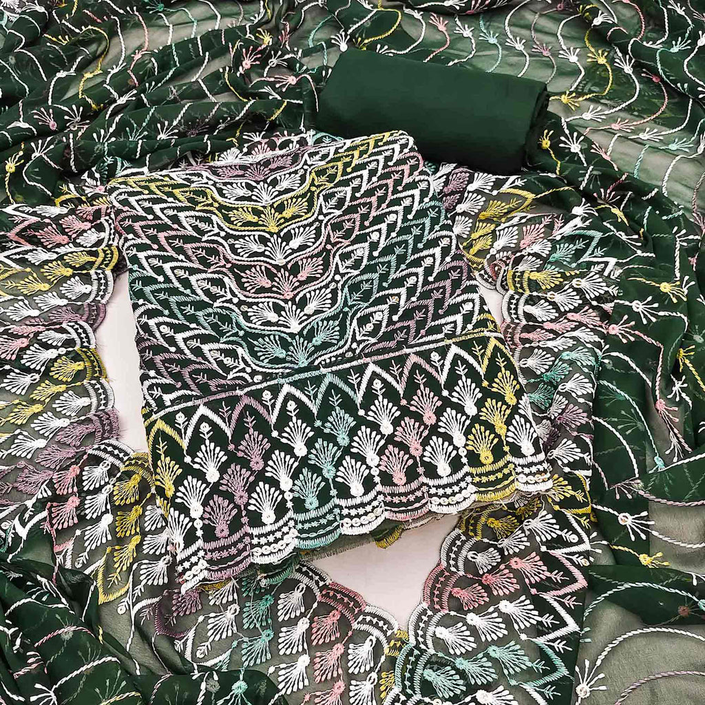 Dark Green Dress Material In Rich Jacquard With Intricate Heavy Embroidery