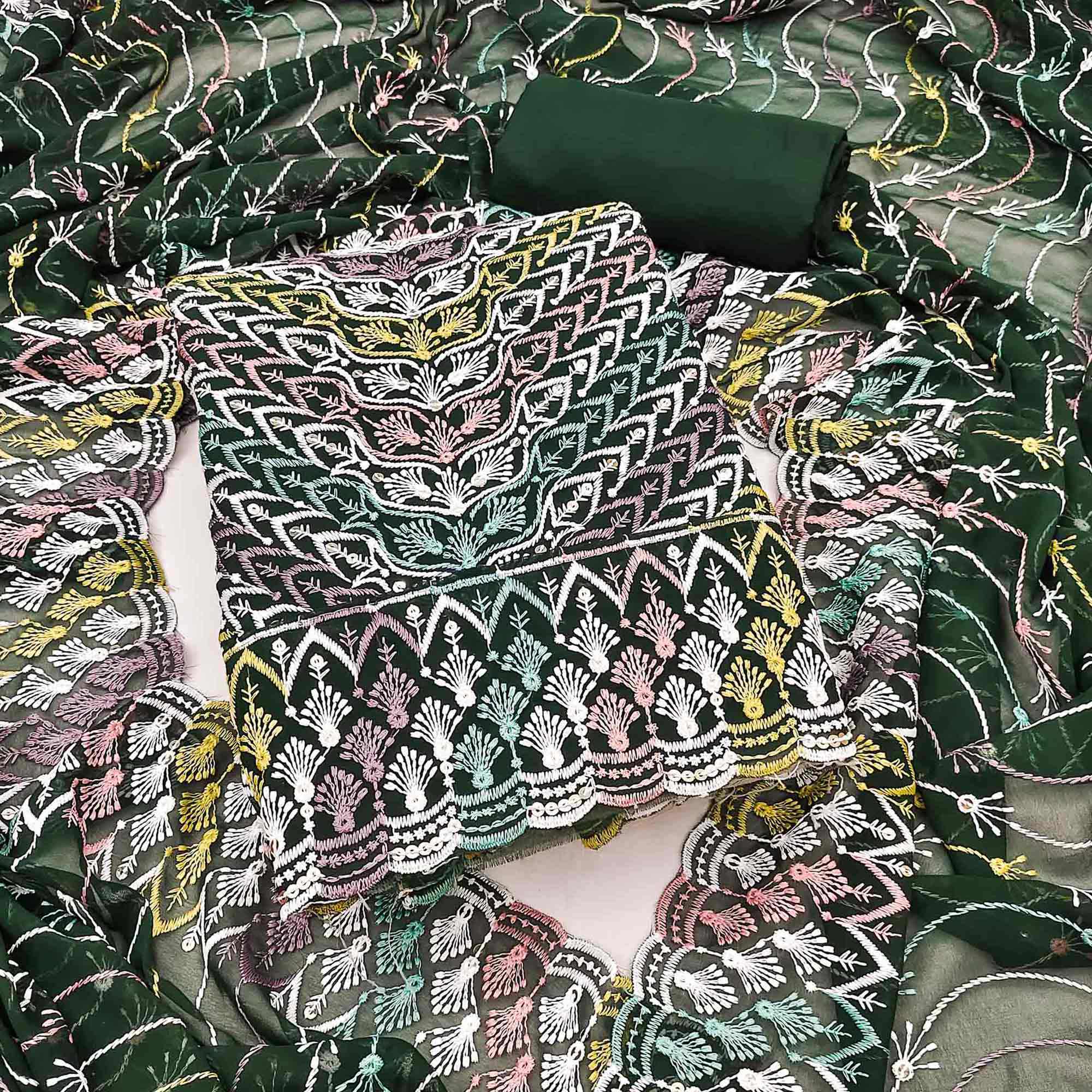 Dark Green Dress Material In Rich Jacquard With Intricate Heavy Embroidery