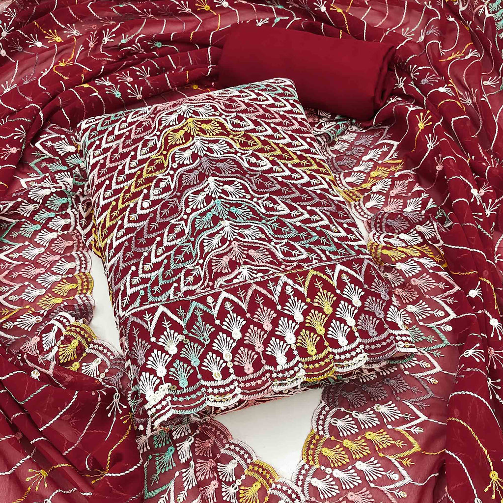 Maroon Dress Material In Rich Jacquard With Intricate Heavy Embroidery