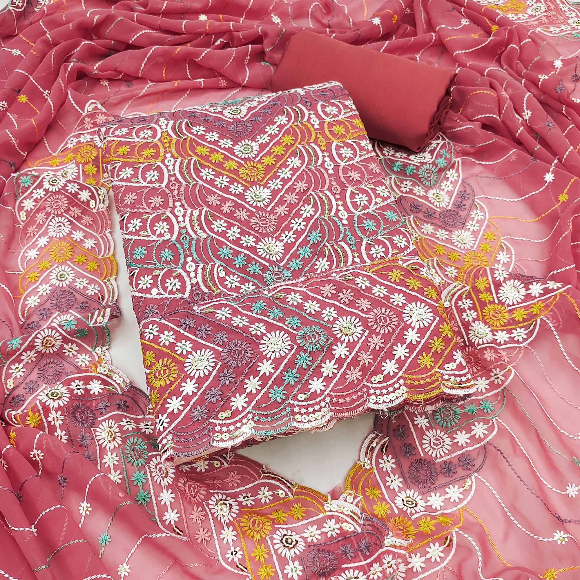 Pink Dress Material In Rich Jacquard With Intricate Heavy Embroidery